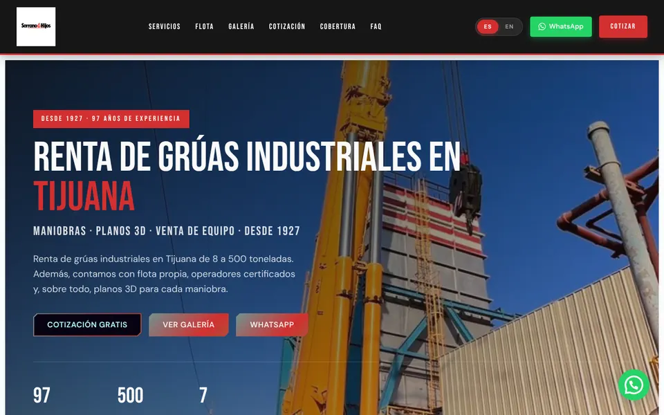 Diseño web en Tijuana para Serrano e Hijos, renta de grúas industriales
